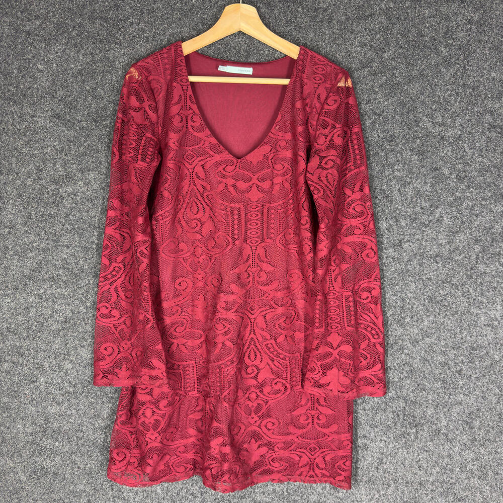 Maurices Mini Dress Women M Medium Red Geometric Crochet Short V-Neck Lined